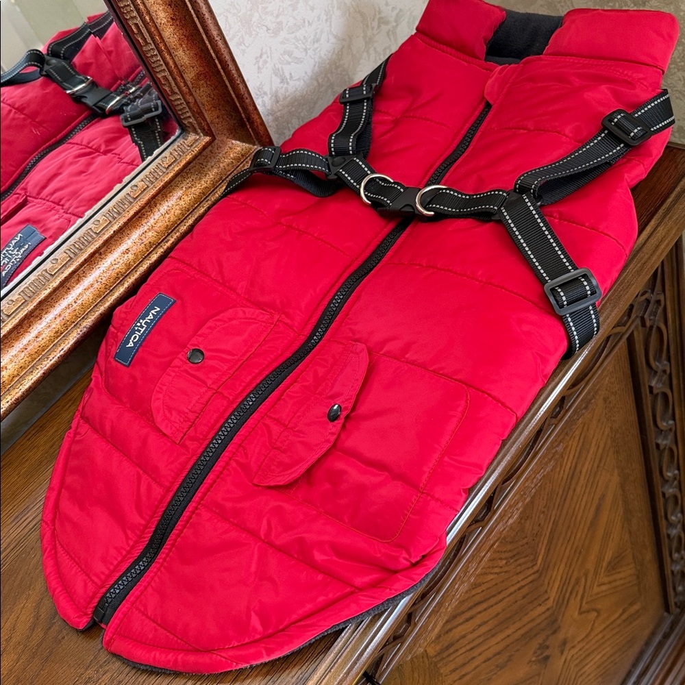 New Nautica dog jacket with harness attached.  Size XL. Red/gray w/black straps